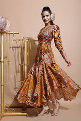 Mustard Angarakha Style Wrap Dress-Indo Western-Pallavi Jaipur