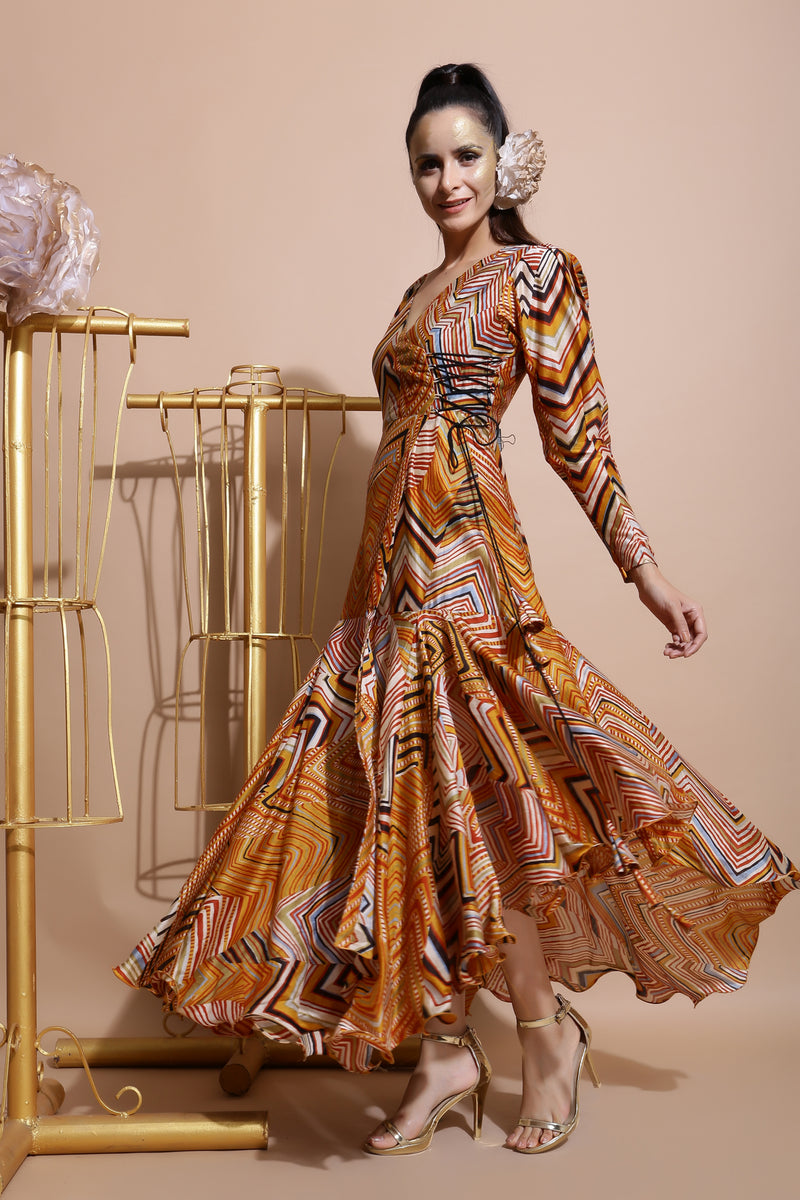 Mustard Angarakha Style Wrap Dress-Indo Western-Pallavi Jaipur