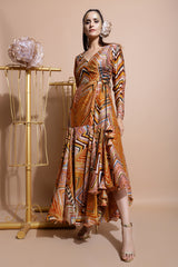 Mustard Angarakha Style Wrap Dress-Indo Western-Pallavi Jaipur