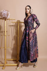 Navy leheriya jacket and culottes set with belt