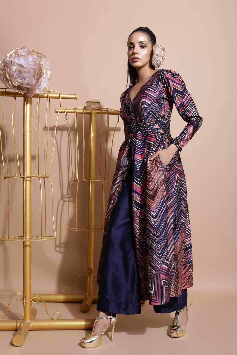 Navy leheriya jacket and culottes set with belt