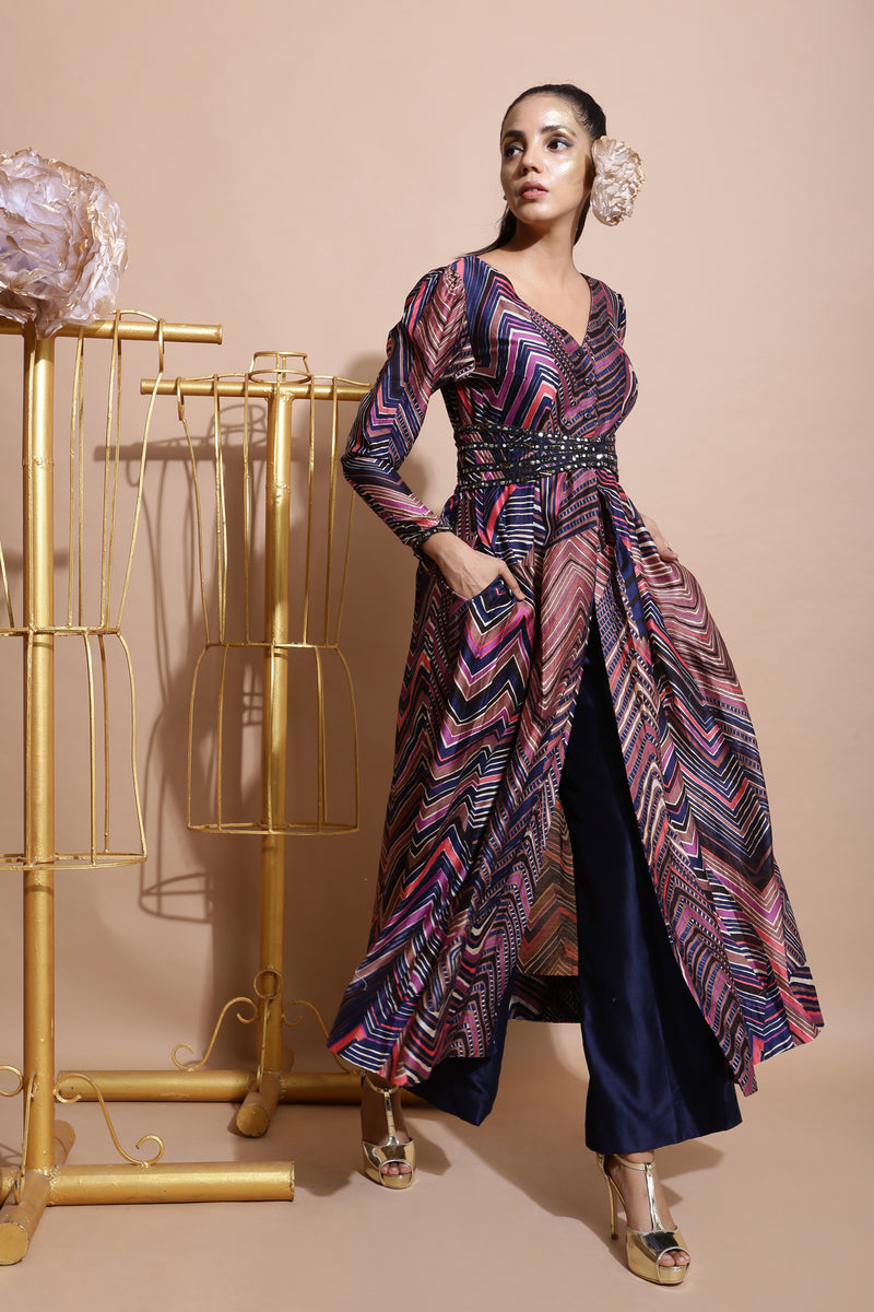 Navy leheriya jacket and culottes set with belt