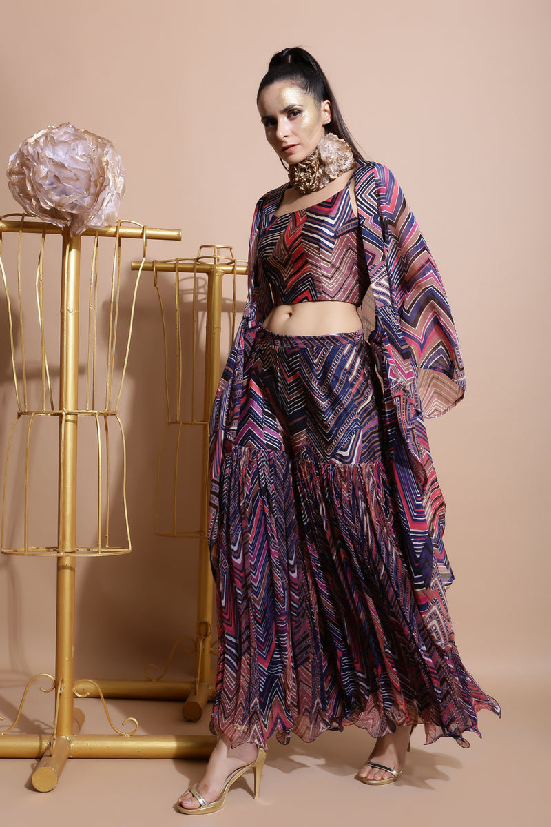 Navy leheriya sharara with crop and box cape