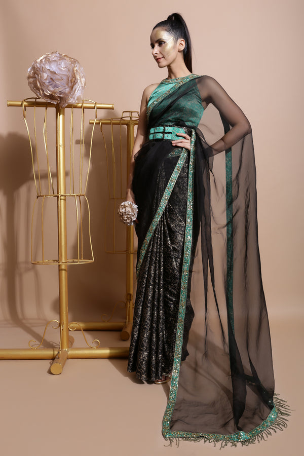 Green Splash Saree with Belt-Indo Western-Pallavi Jaipur