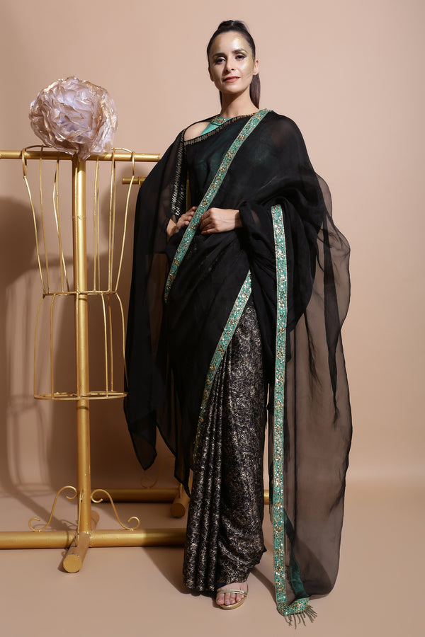 Green Splash Saree with Belt-Indo Western-Pallavi Jaipur