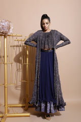 Navy Boho Top with Skirt , Jacket and Belt-Indo Western-Pallavi Jaipur