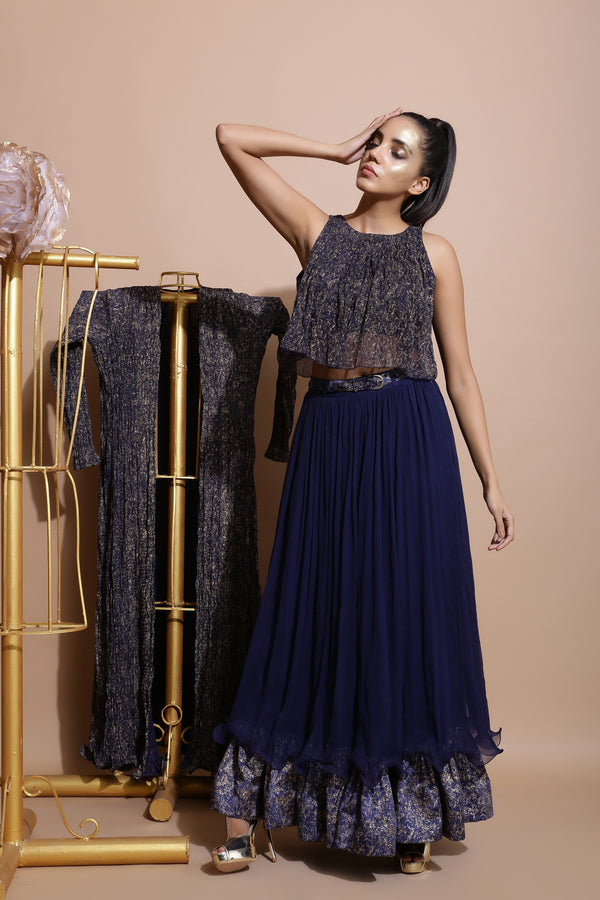 Navy Boho Top with Skirt , Jacket and Belt-Indo Western-Pallavi Jaipur