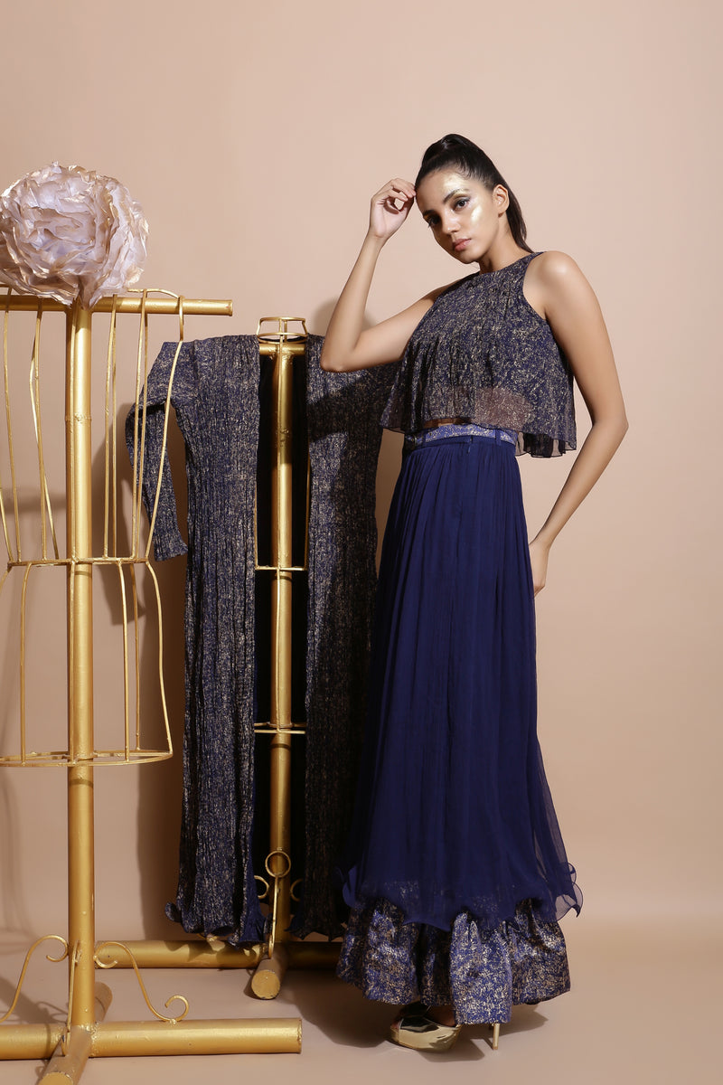 Navy Boho Top with Skirt , Jacket and Belt-Indo Western-Pallavi Jaipur