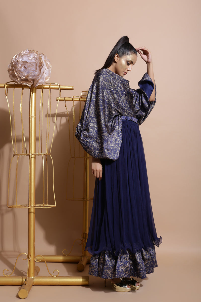 Navy shirt balloon sleeve cape top.-Indo Western-Pallavi Jaipur