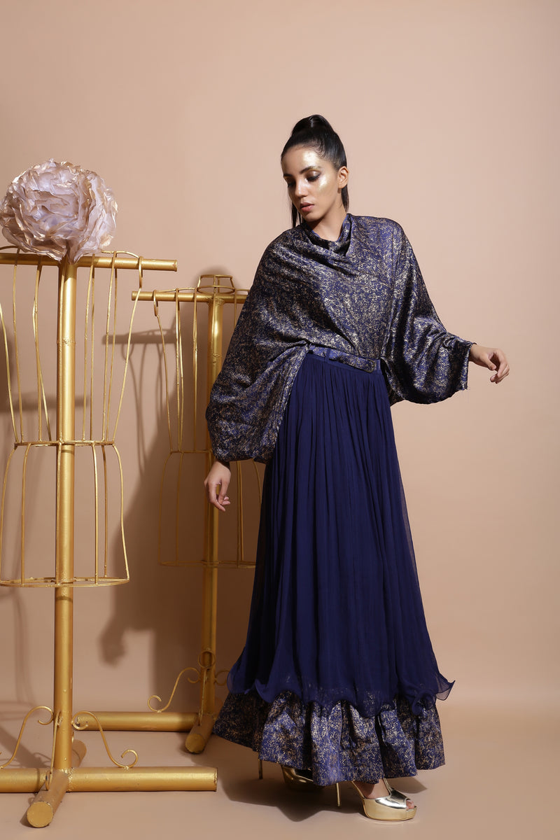 Navy shirt balloon sleeve cape top.-Indo Western-Pallavi Jaipur