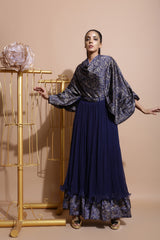 Navy shirt balloon sleeve cape top.-Indo Western-Pallavi Jaipur