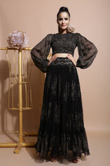 Black Balloon Sleeve Top with Double Tier Skirt-Indo Western-Pallavi Jaipur