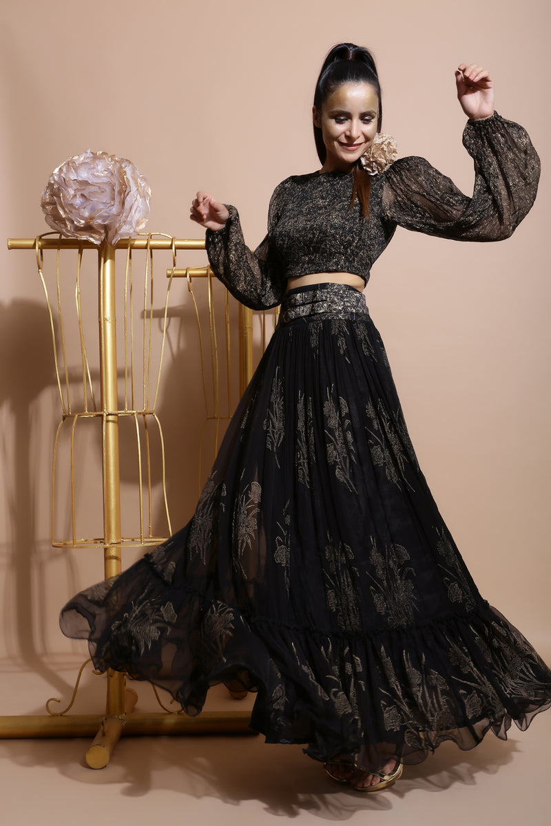 Black Balloon Sleeve Top with Double Tier Skirt-Indo Western-Pallavi Jaipur