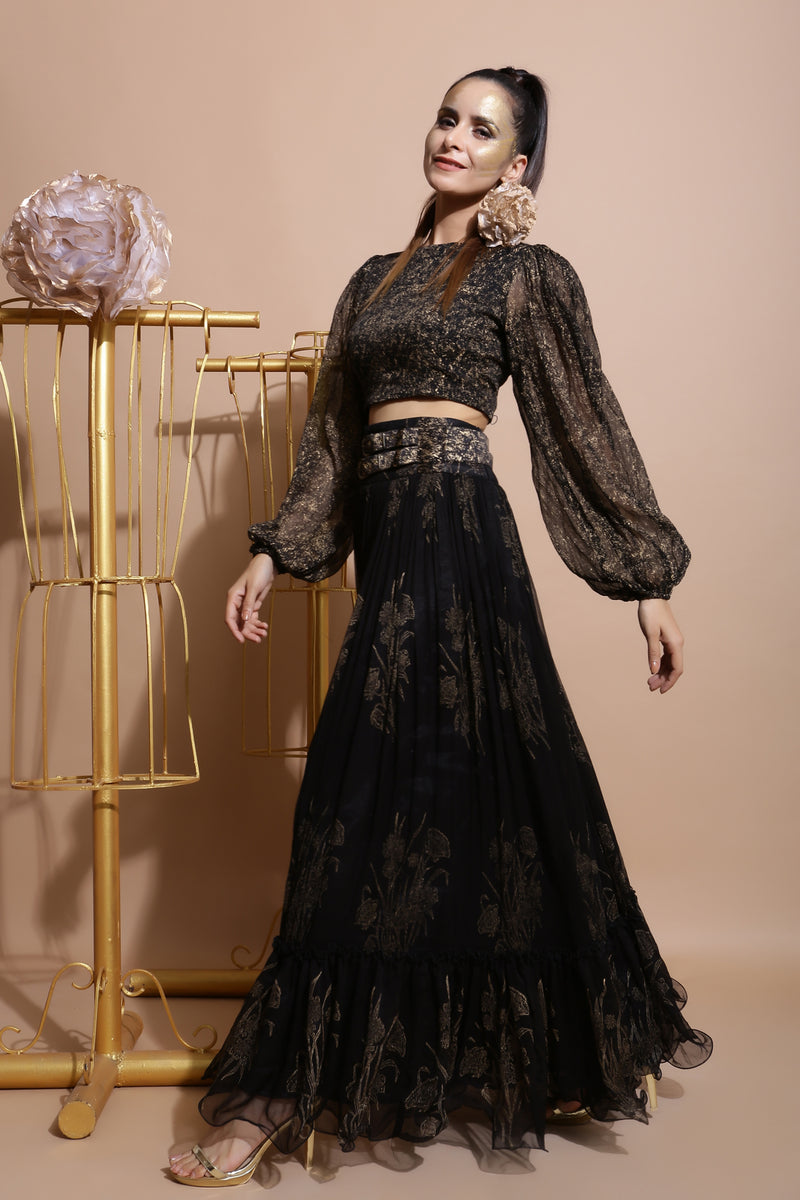 Black Balloon Sleeve Top with Double Tier Skirt-Indo Western-Pallavi Jaipur