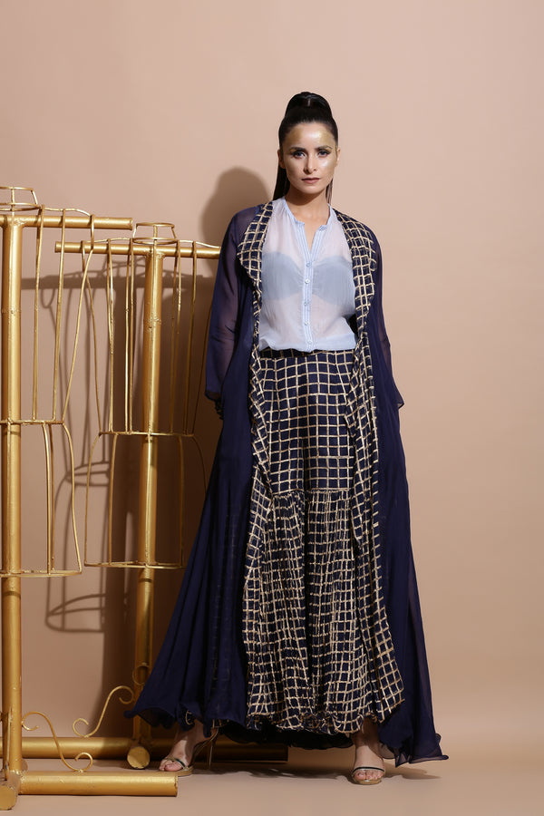 Navy Sharara with Sky Tunics and Cape-Indo Western-Pallavi Jaipur