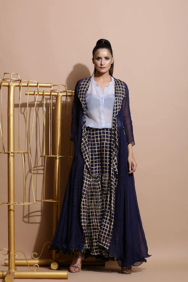 Navy Sharara with Sky Tunics and Cape-Indo Western-Pallavi Jaipur