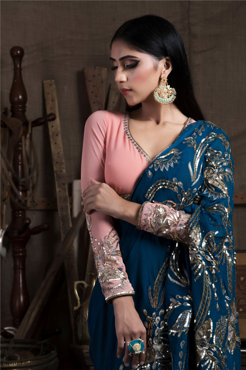 Teal Blue Saree with Skirt and Blouse-Indian wear-Pallavi Jaipur