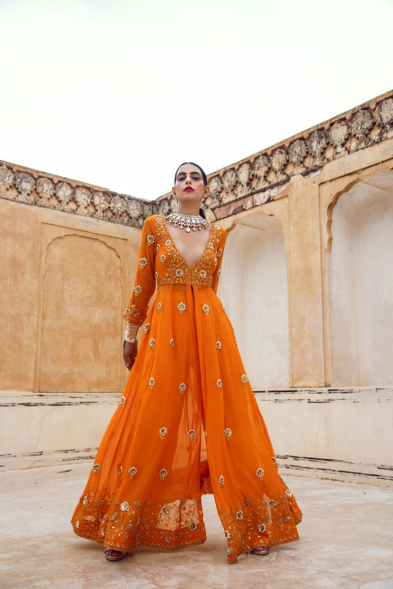 Orange V neck Kurta Set-Indian wear-Pallavi Jaipur