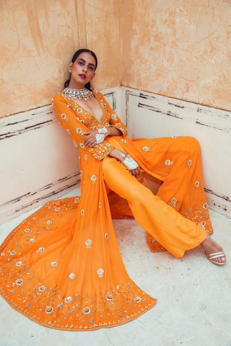 Orange V neck Kurta Set-Indian wear-Pallavi Jaipur