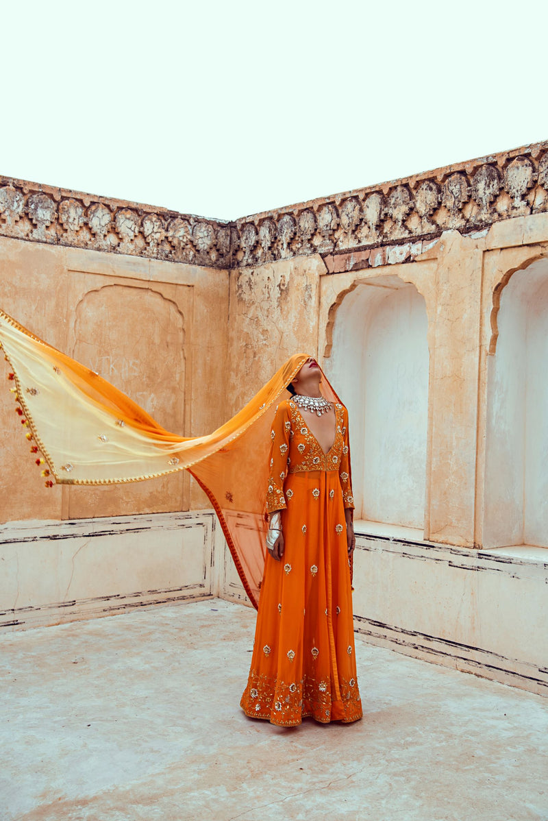 Orange V neck Kurta Set-Indian wear-Pallavi Jaipur
