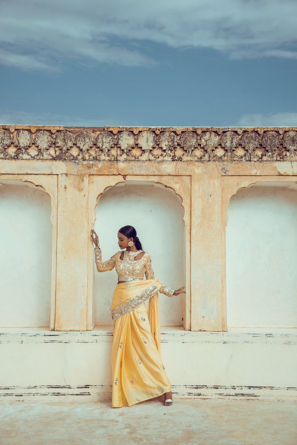 Butterscotch Yellow 3D gota Saree with Blouse Set