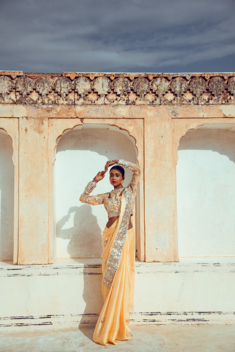 Butterscotch Yellow 3D gota Saree with Blouse Set