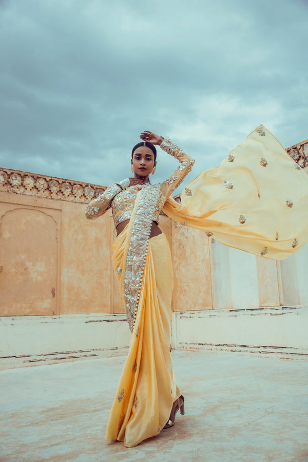 Butterscotch Yellow 3D gota Saree with Blouse Set