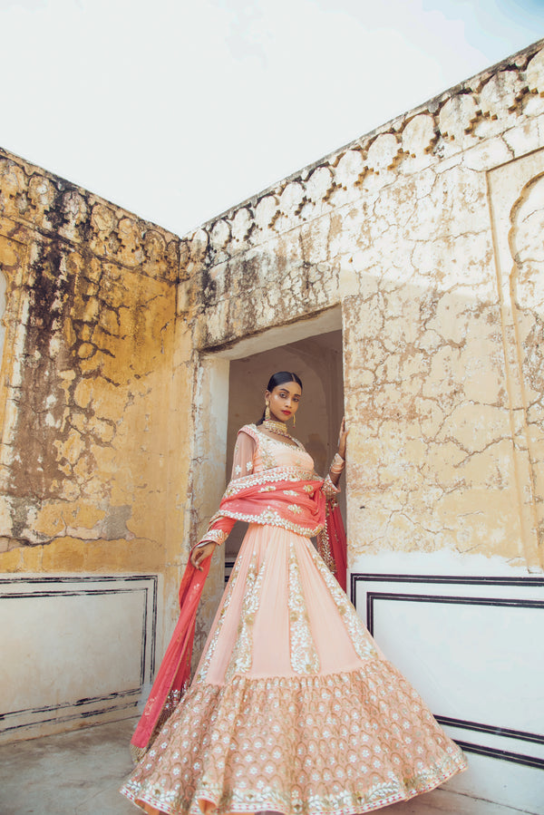 Peach 3D Gota Embroidered Lehenga Set