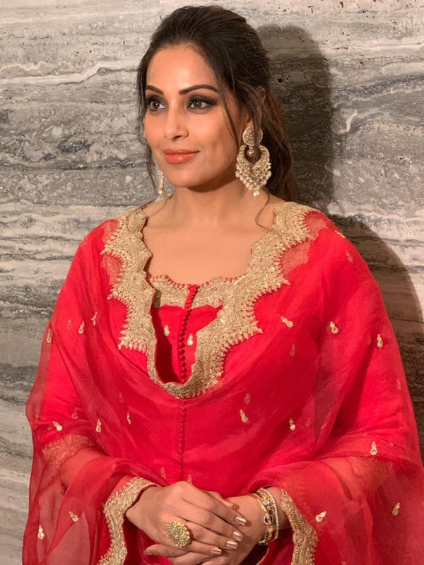 Bipasha Basu in Red Linen Satin Kurta Set