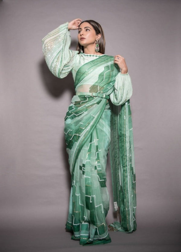 Green Embroidered Chiffon Saree with balloon sleeve blouse