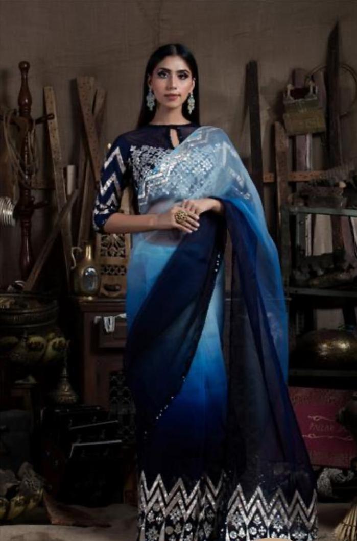 Blue Ombre Shaded Gota Saree Blouse Set