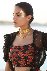 Ameera Mosaic Crop & Skirt With Cascade Sleeves Sheer Overlay Set