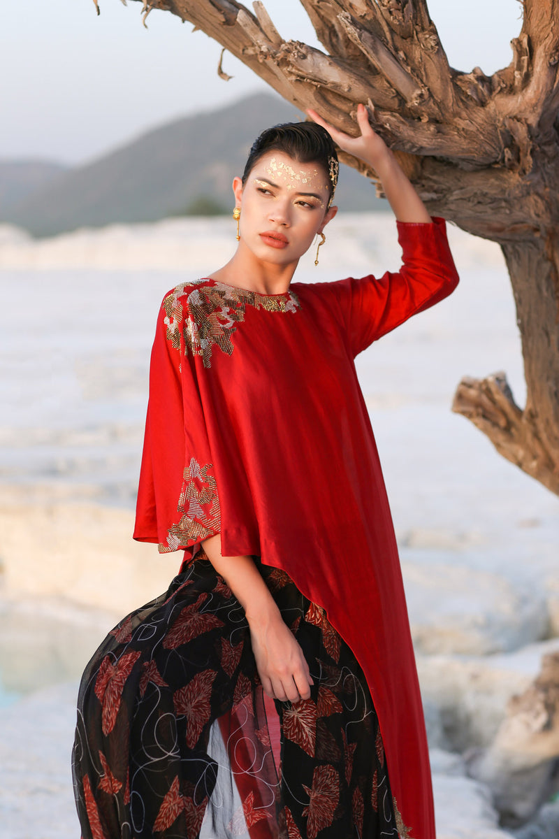 Ameera Love Red Kimono Sleeve Tunic With Overlay Pants