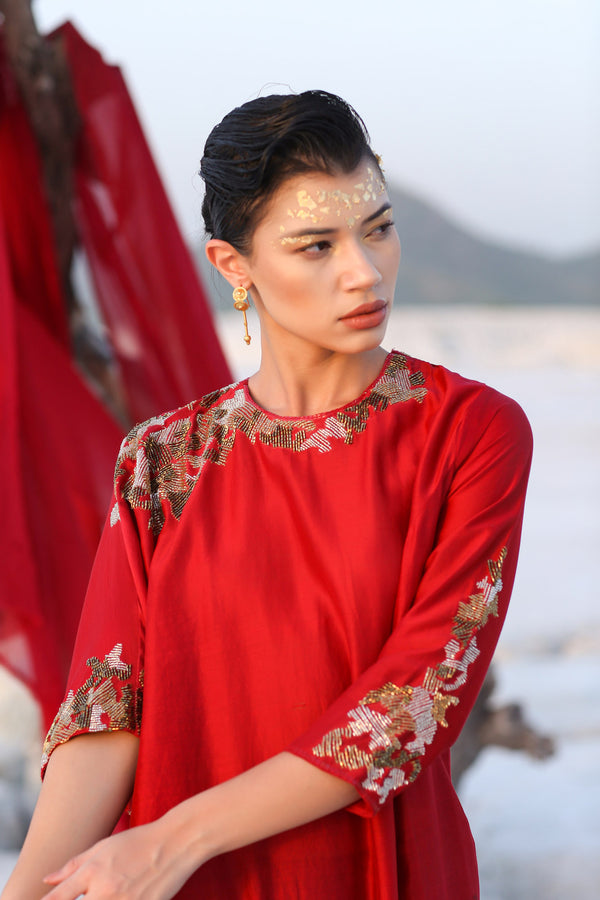 Ameera Love Red Kimono Sleeve Tunic With Overlay Pants