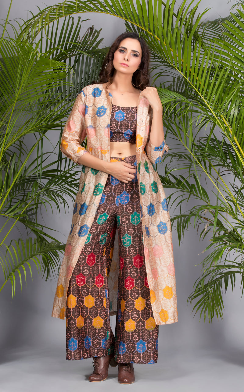 Brown Printed Top with Culottes and Jacket-Indo Western-Pallavi Jaipur