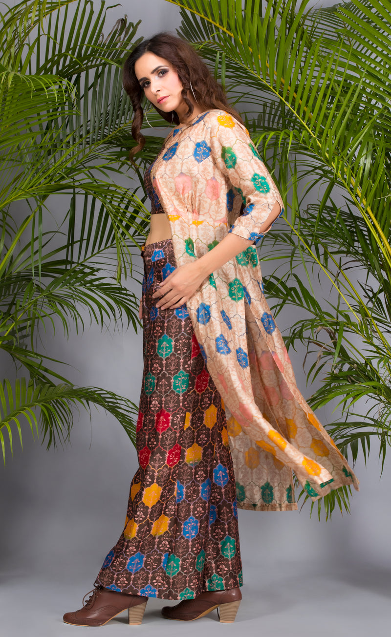 Brown Printed Top with Culottes and Jacket-Indo Western-Pallavi Jaipur