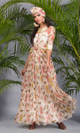 Ivory Chiffon Maxi Dress with Belt-Indo Western-Pallavi Jaipur