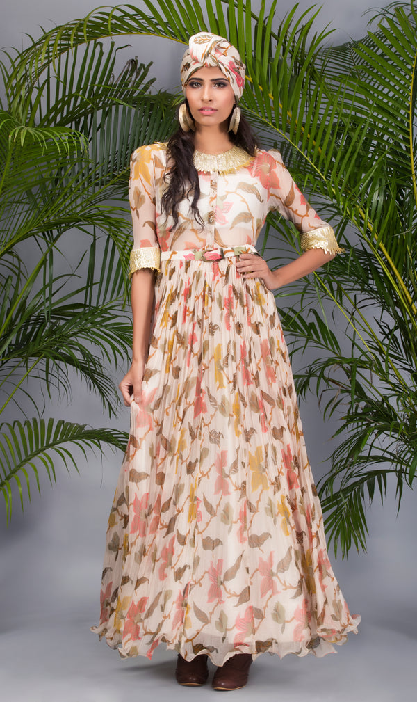 Ivory Chiffon Maxi Dress with Belt-Indo Western-Pallavi Jaipur