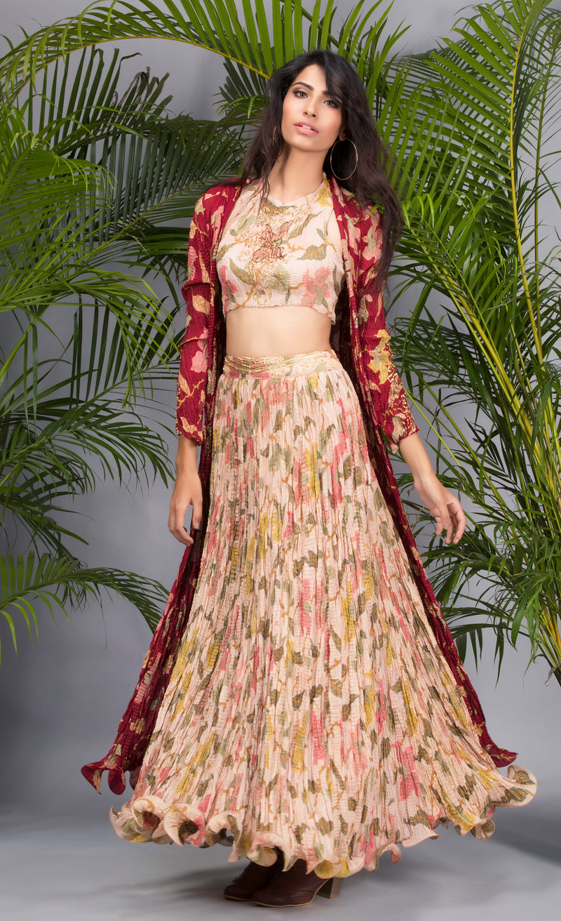 Ivory Blouse and Skirt with Maroon Jacket-Indo Western-Pallavi Jaipur
