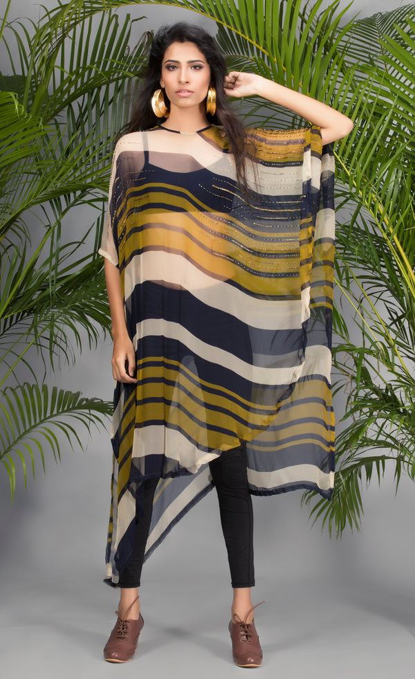 Olive and Navy Striped Cape-Indo Western-Pallavi Jaipur