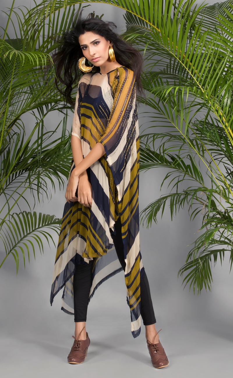 Olive and Navy Striped Cape-Indo Western-Pallavi Jaipur