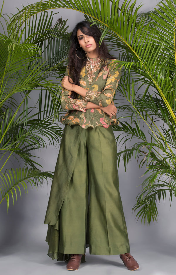 Dark Green Peplum Top with Drape Pants-Western Wear-Pallavi Jaipur