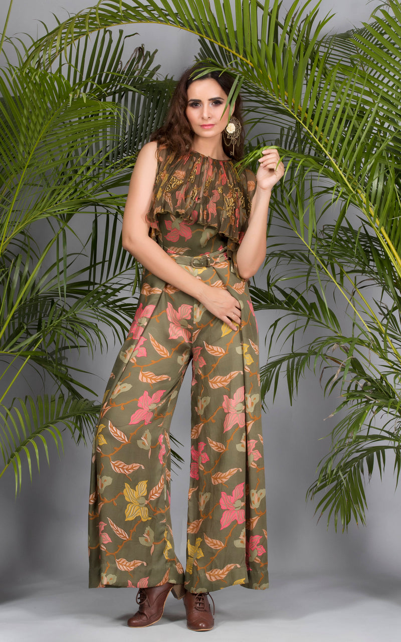 Dark Green Jumpsuit with Jacket and Belt-Indo Western-Pallavi Jaipur