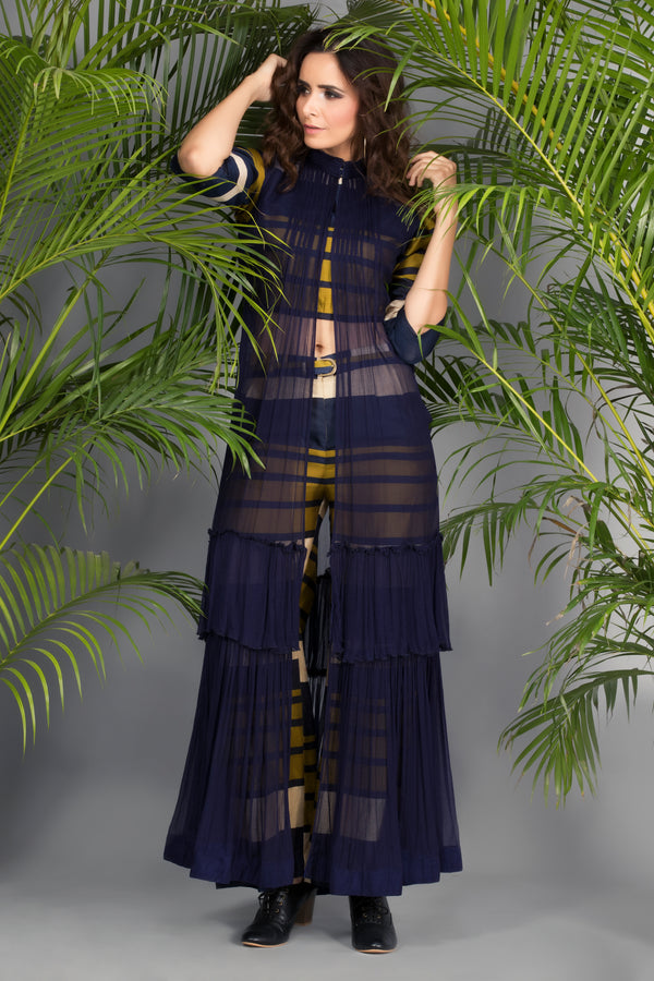 Olive Navy Stripe Crop Top with Pants and Cape-Indo Western-Pallavi Jaipur