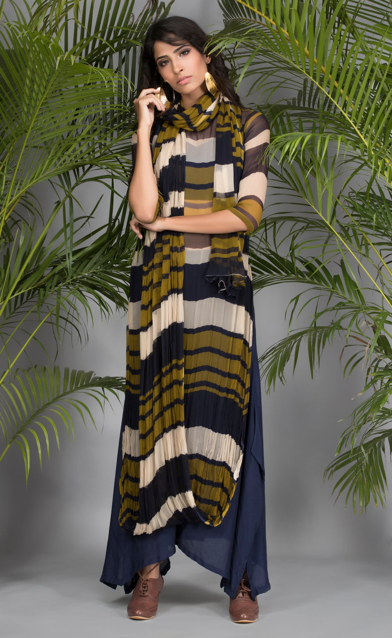 Olive and Navy Drape Kurta with Pants-Indo Western-Pallavi Jaipur
