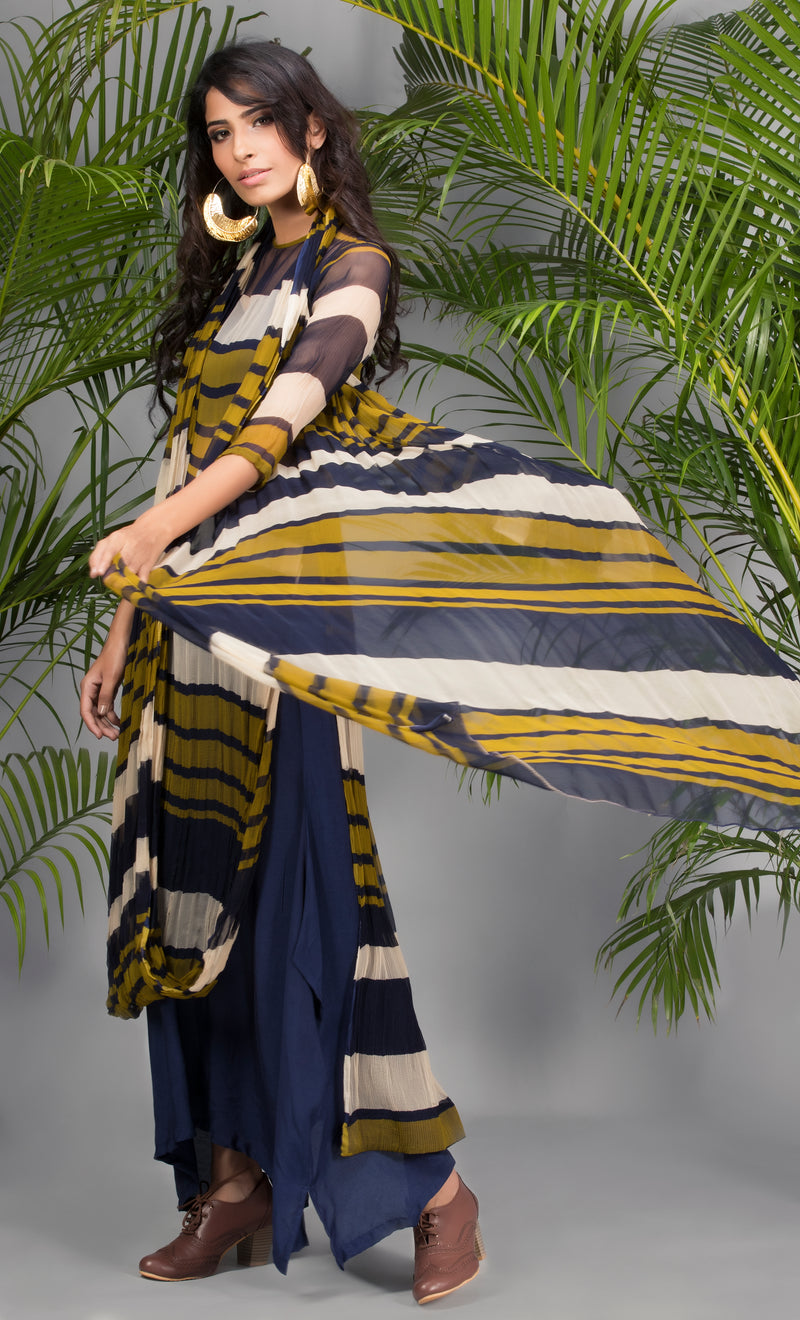 Olive and Navy Drape Kurta with Pants-Indo Western-Pallavi Jaipur