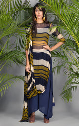 Olive and Navy Drape Kurta with Pants-Indo Western-Pallavi Jaipur