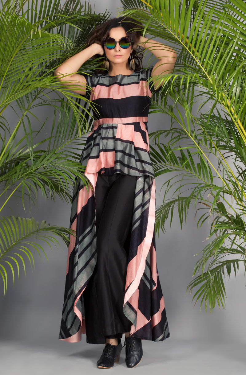 Pink and Grey Dress with Black Pants-Indo Western-Pallavi Jaipur