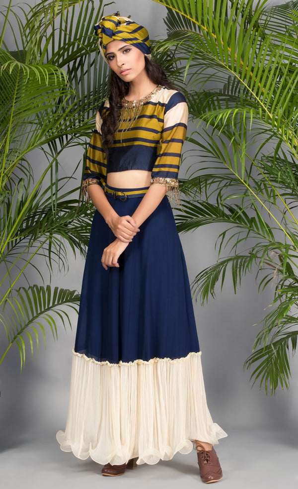 Olive and Navy Crop Top with Skirt-Indo Western-Pallavi Jaipur