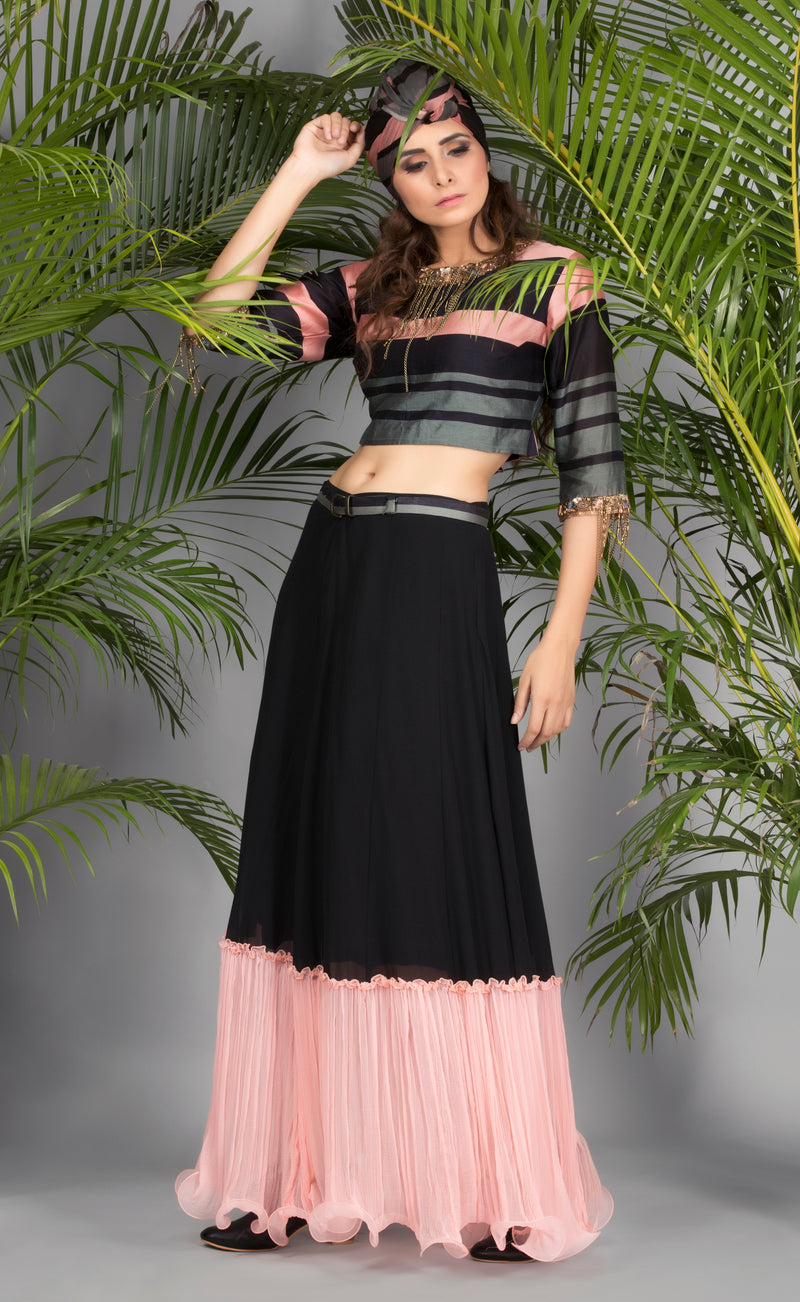 Pink and grey Stripe Crop Top with Black Skirt-Indo Western-Pallavi Jaipur